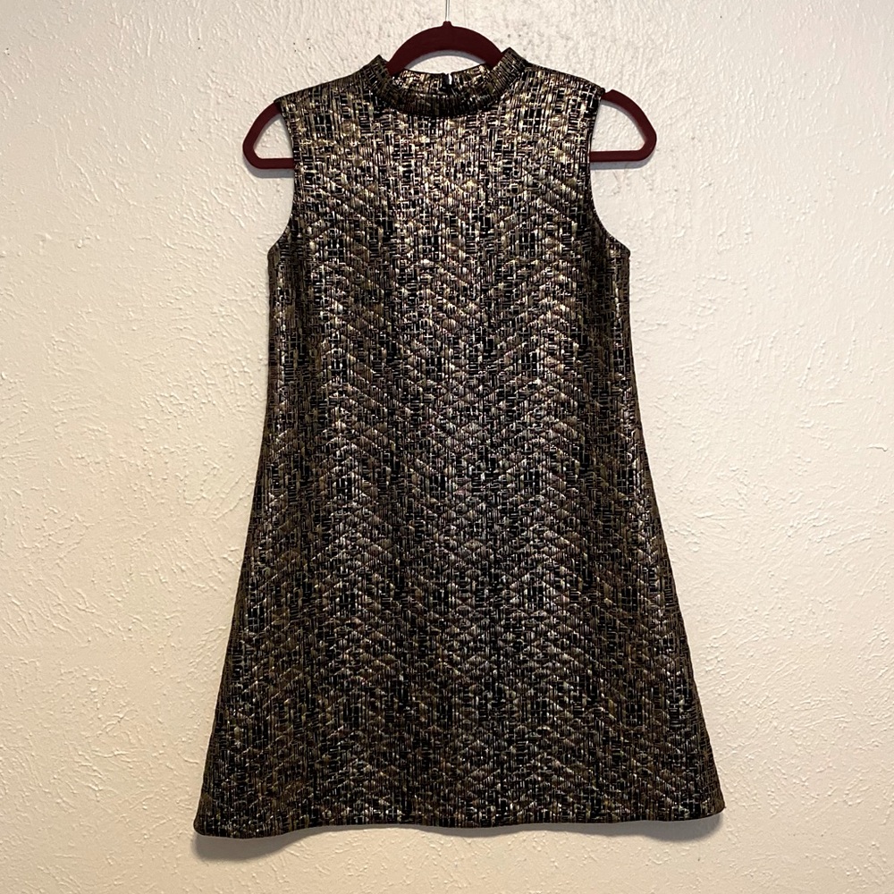 Quilted Black and Gold Metallic High Neck Mini Dress sz M